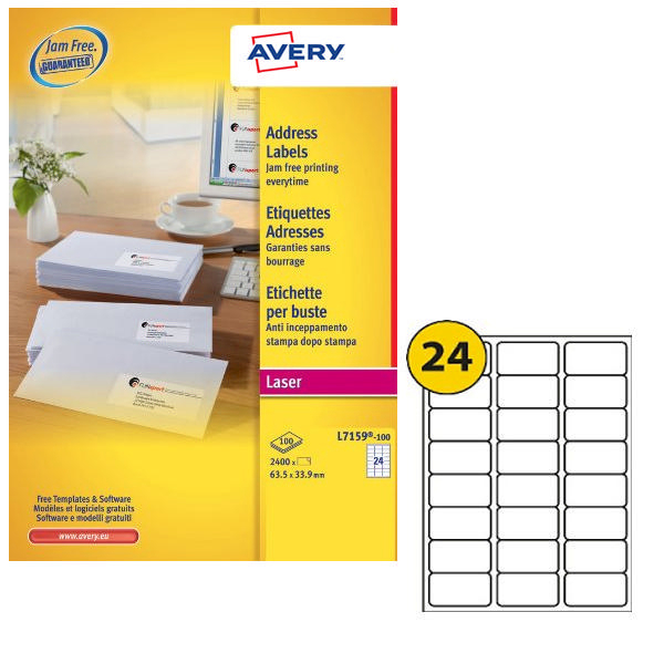 Avery Address Laser Labels 24 Labels Per Sheet 100 Sheets Per Pack Of Labels Jam-Free L7159